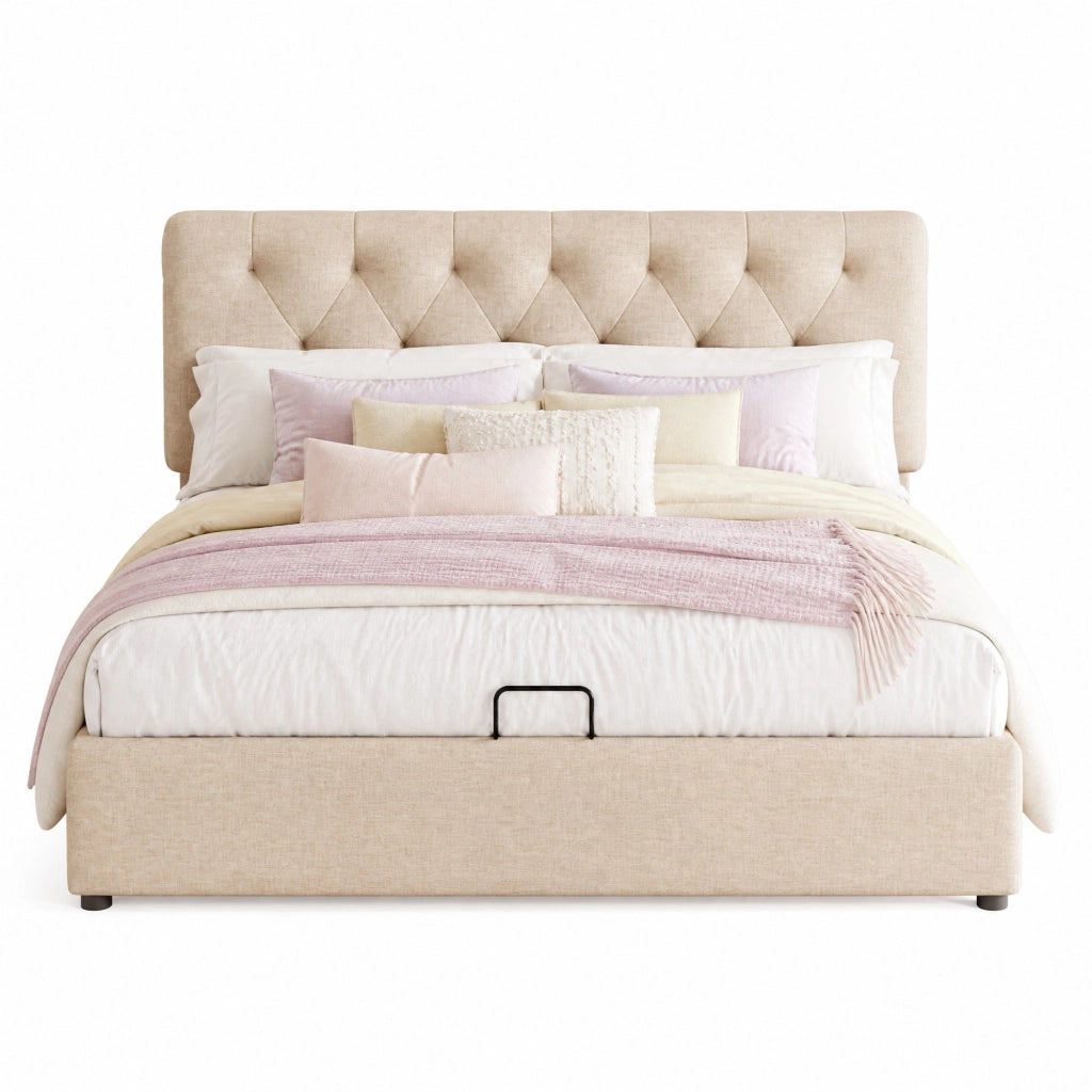 Letto matrimoniale imbottito 160x200 cm con contenitore, testiera regolabile e materasso incluso