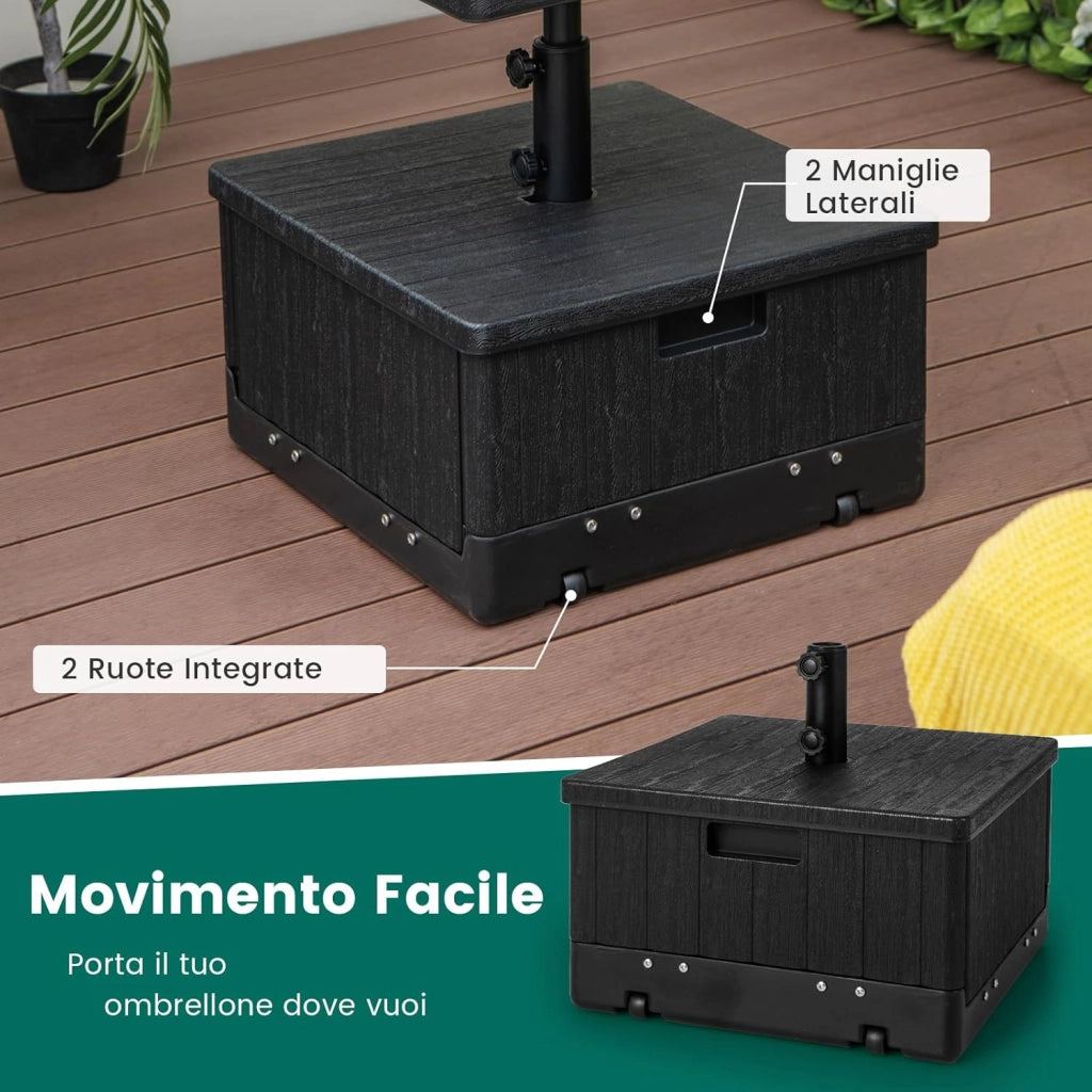 Base per Ombrellone, con Tavolino e Sacca Ponderata, Supporto per Ombrellone 45L, 67 kg di Sabbia, Vassoio, Ruote, per Ombrellone 38 mm/48 mm (Nero)