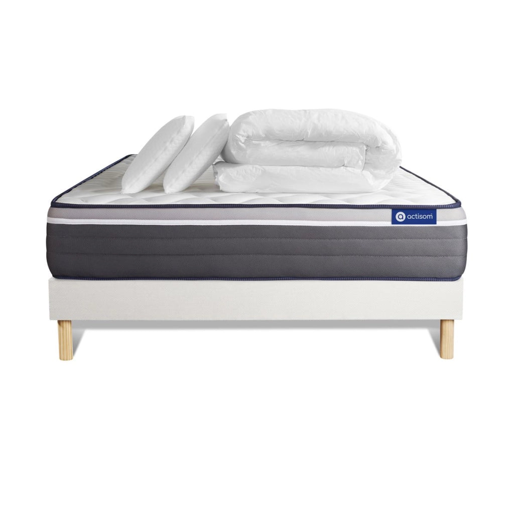 Pacchetto letto completo - Materasso 140x200cm + Box spring con doghe (kit) + 2 cuscini + Piumino - Actilatex Plus