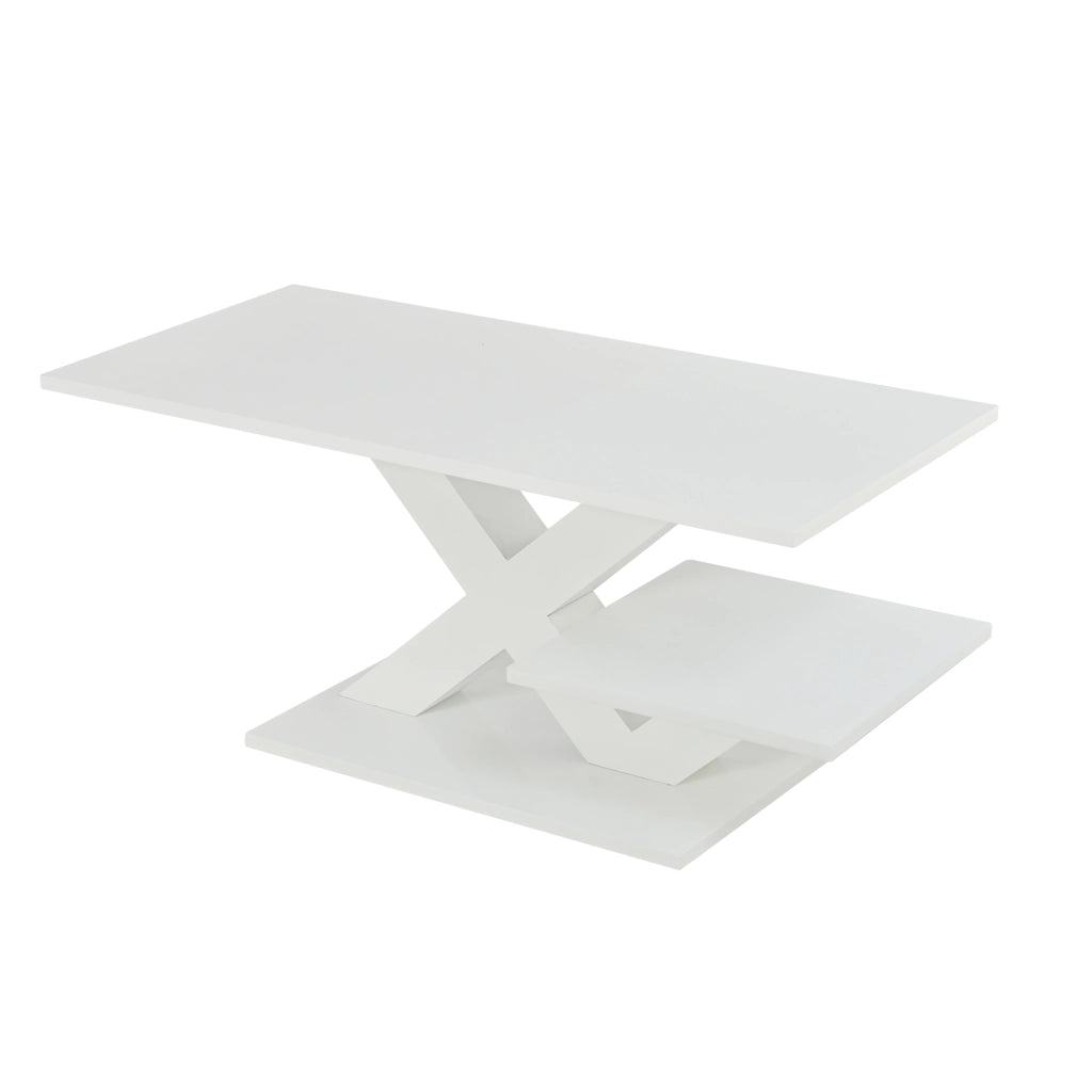 Tavolino lucido, piano a doppio livello, in MDF, con gambe a X, 100x48x45 cm, bianco