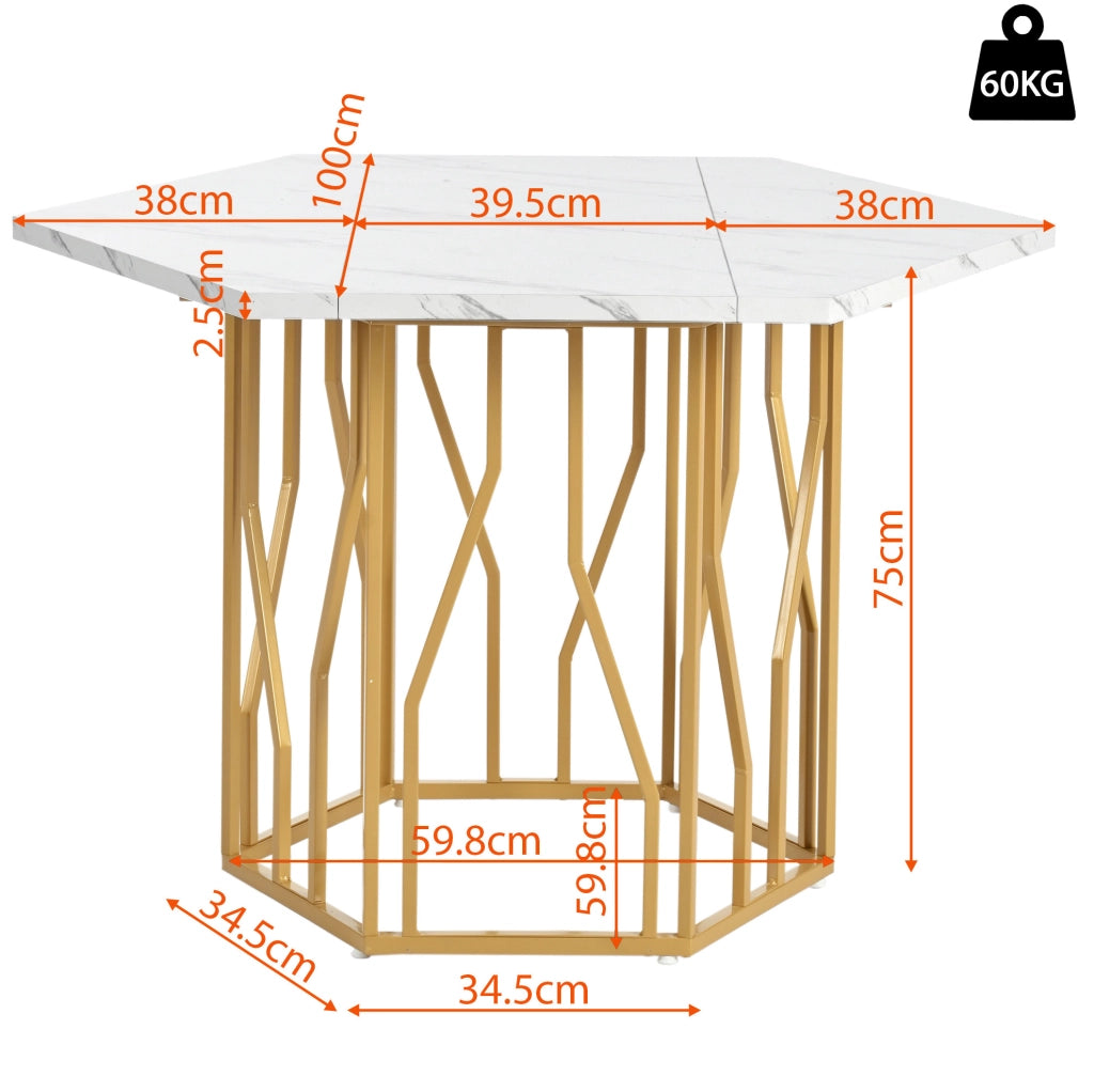Tavolo 115.5x100x75 cm design esagonale con piano effetto marmo in MDF e acciaio oro bianco
