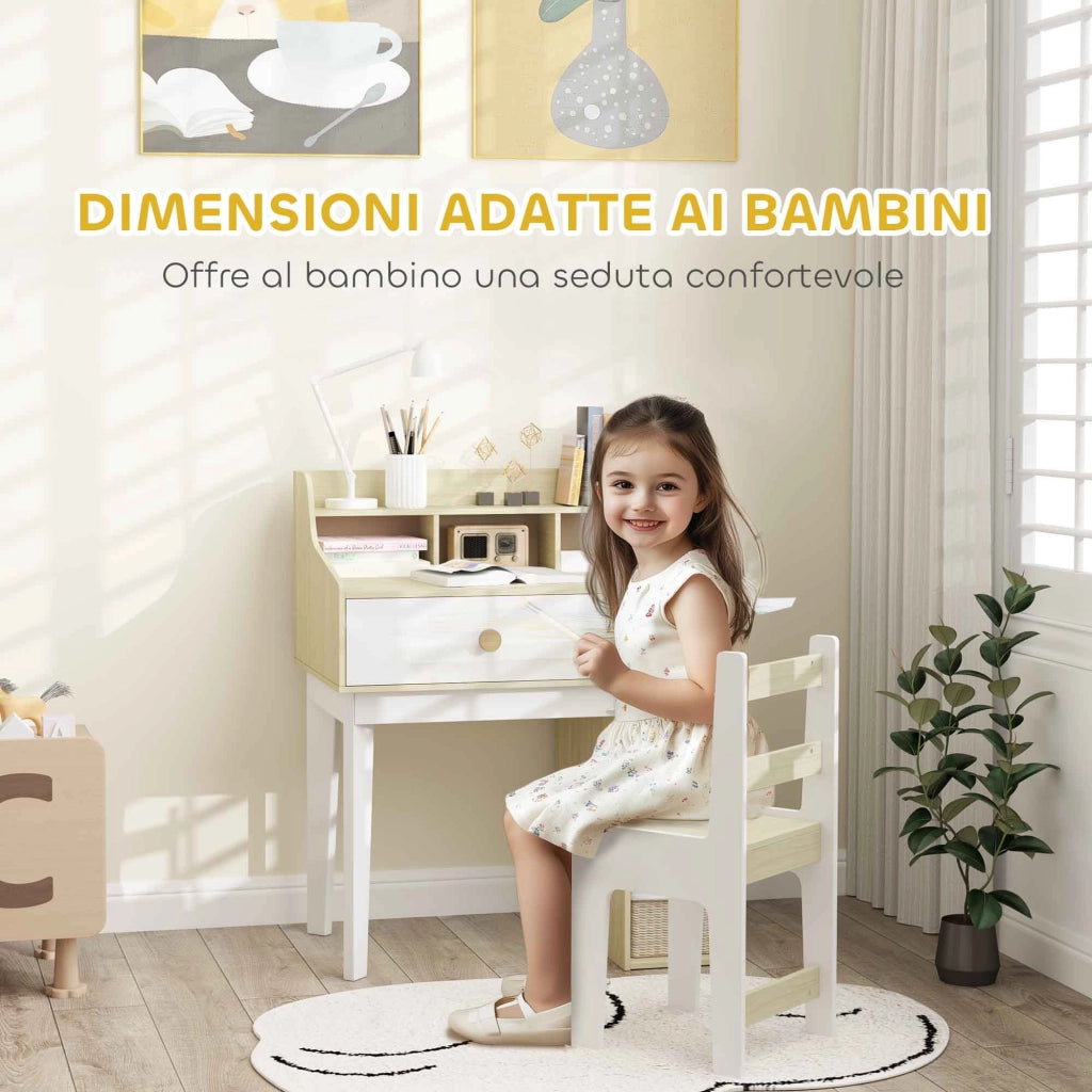 Set Scrivania per Bambini e Sedia in Legno con Scaffale e Cassetto, Et¨¤ 3-10 Anni, Bianco e Legno