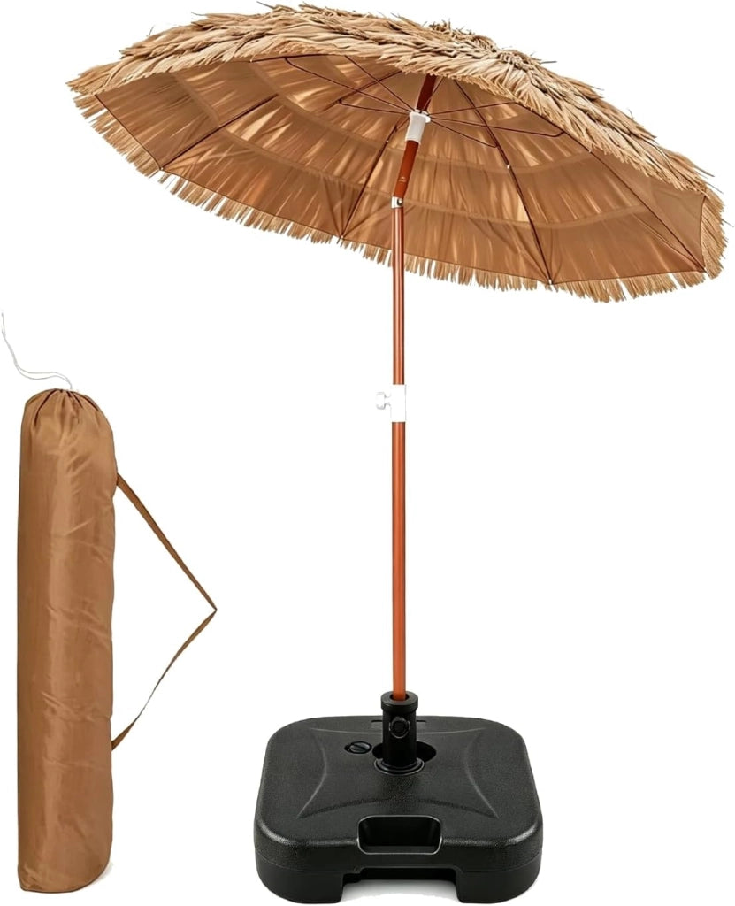 Ombrellone da Spiaggia 175 cm, Ombrelloe di Paglia PP con Borsa, Parasole Hawaiano con Inclinazione Regolabile, con Base, per Spiaggia Giardino Piscina (175 cm con Base)