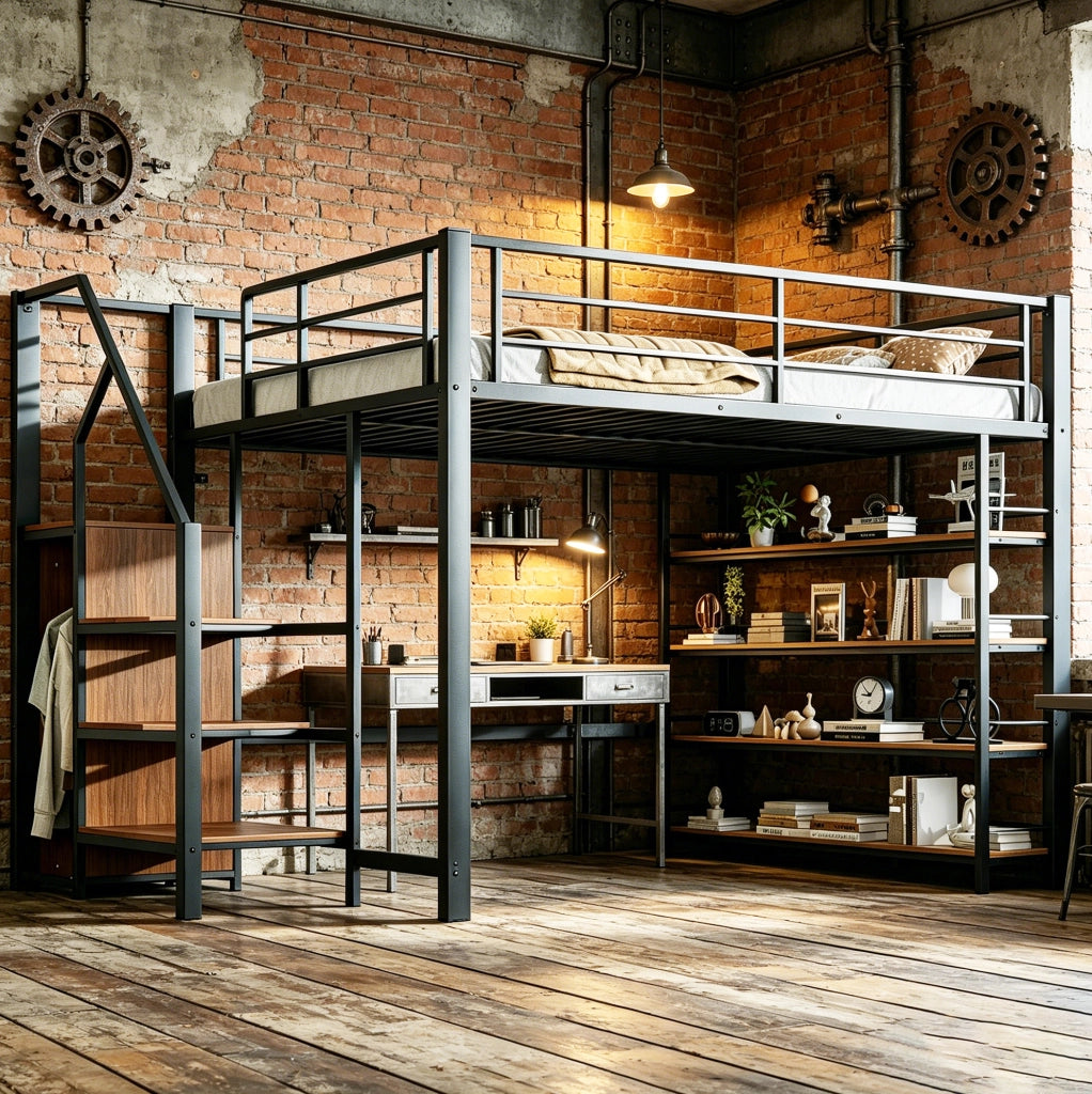 Letto a soppalco 140x200 cm nero metallo con scala contenitore