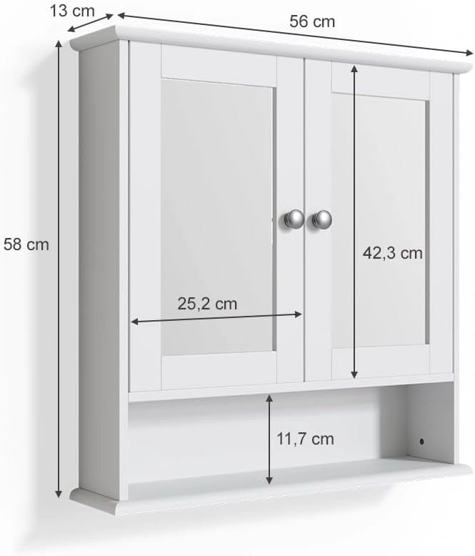 Specchio contenitore bagno Bianco, Bianco, 56 x 58 cm, per montaggio a parete con specchio integrato e ripiani