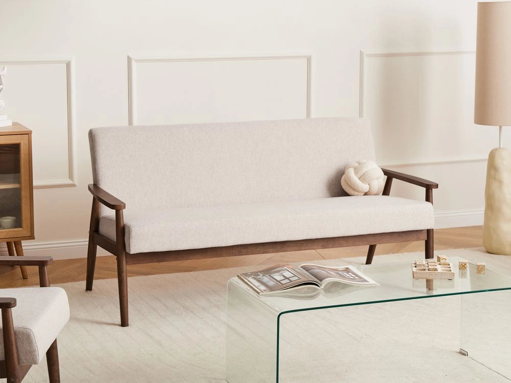 Divano da salotto a 3 posti in tessuto e struttura in legno beige e marrone scuro struttura in legno stile retrò