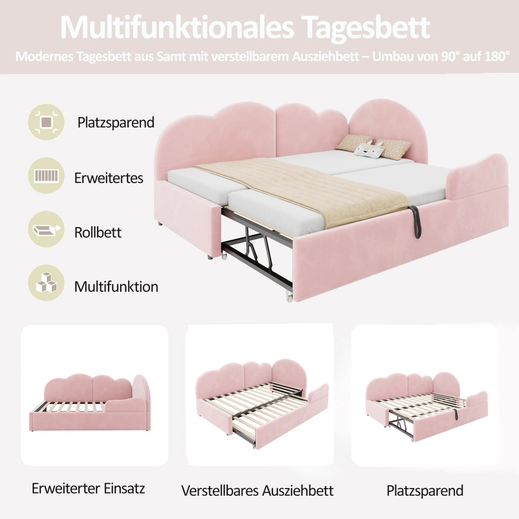 Letto imbottito L con letto estraibile e testiera a forma di nuvola in velluto rosa per camera da letto