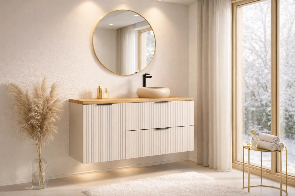 Set mobili bagno 120 cm con piano e mobile con cesto portabiancheria Adel Cashmere 120 x 1401 x 46 cm