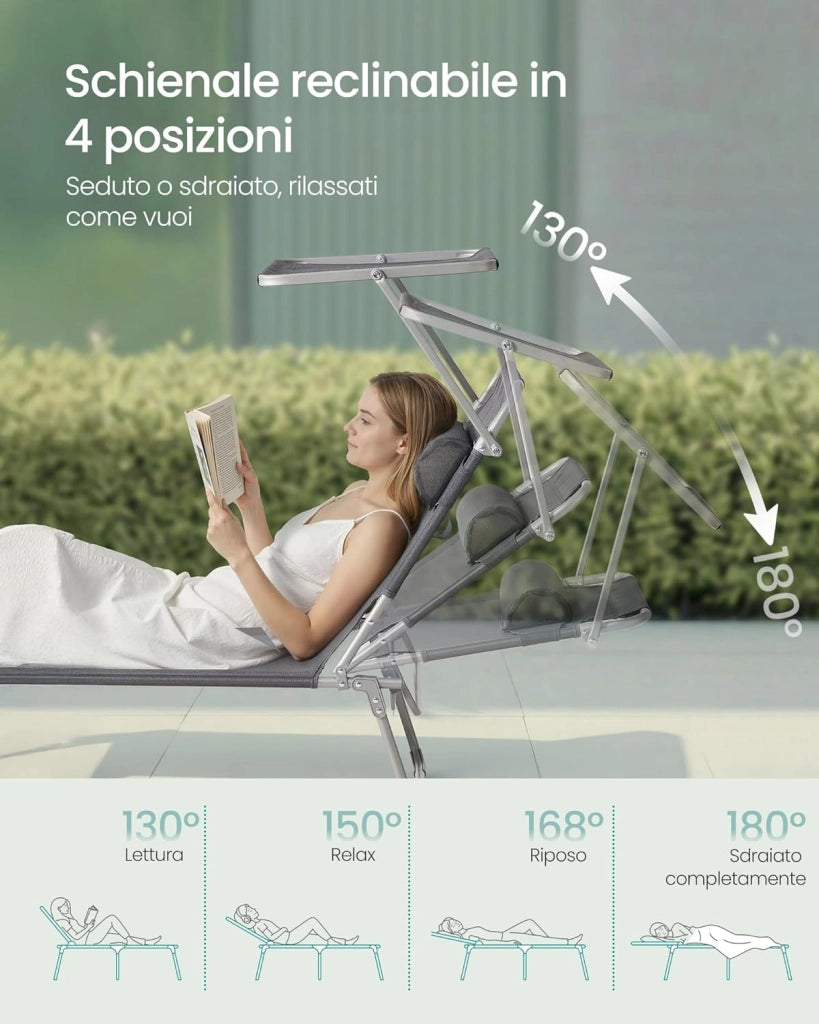 SONGMICS Set da 2 Sedie a Sdraio Pieghevoli, 189 x 53 x 28,5 cm, con Cusicni, Lettini Prendisole, Portata 110 kg Ciascuno, Parasole e Schienale Regolabili, per Terrazza e Balcone, Grigio GCB292GZ02