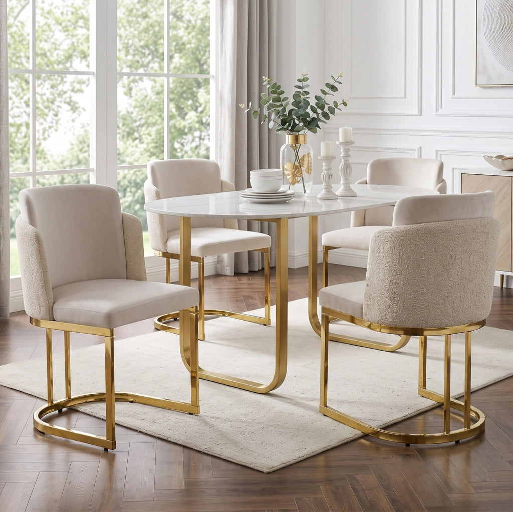 Set di 4 sedie 61.5x53.5x86 cm con doppio schienale in chenille beige e oro
