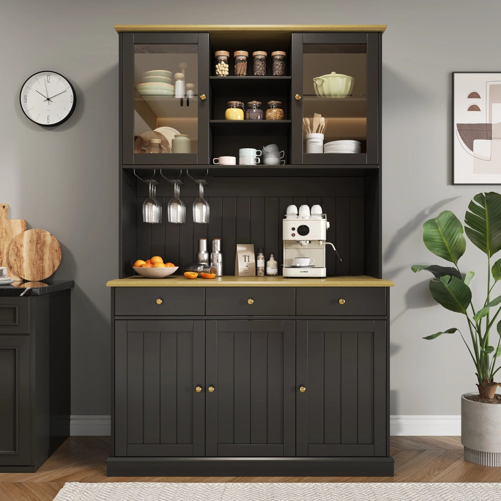 Buffet alto salvaspazio 120×40×191 cm con ante in vetro, portasbicchieri, ripiani regolabili, presa integrata e porte USB