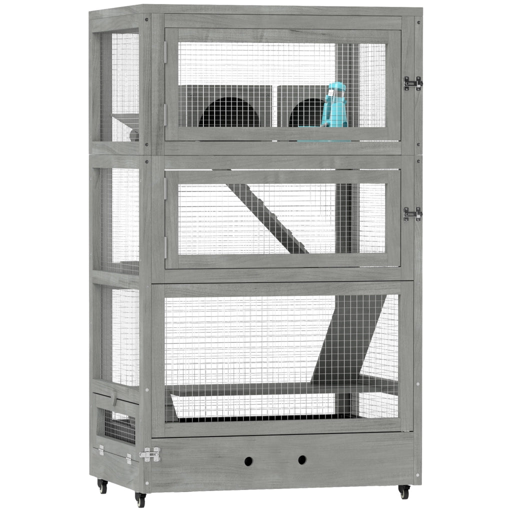 Scaffale per piccoli animali a quattro livelli con porte multiple, due casette, due altalene, rampe e ruote in legno grigio 65 × 45 × 109 cm