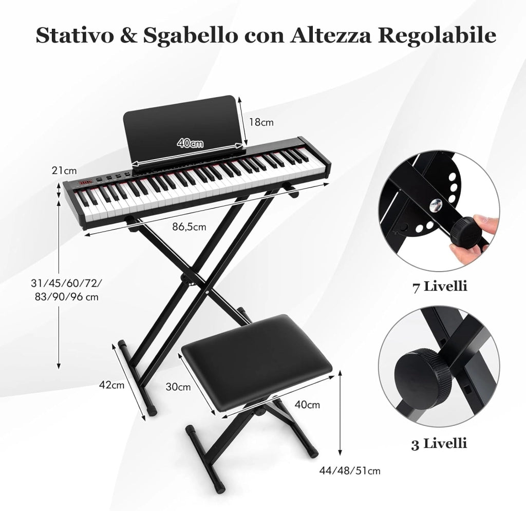 Set Pianoforte Digitale 61 Tasti, Tastiera Musicale con Sgabello Portatile, Pianoforte Elettronica con Supporto, Pedale Sustain, MIDI, USB e Funzione di APP Bluetooth