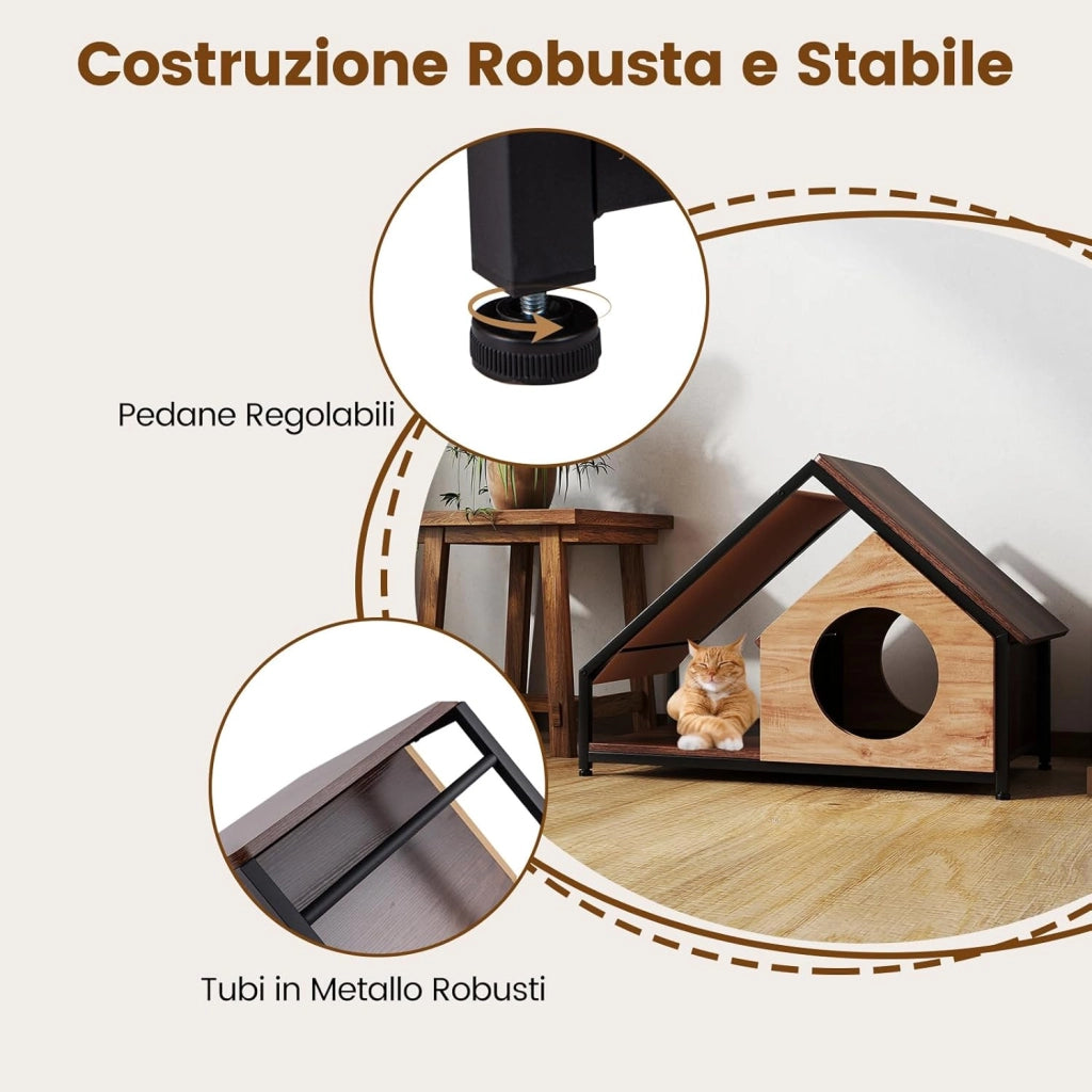 Casetta per Gatti da Interno, Cuccia per Gatti in Legno con Veranda, Tetto Inclinato Staccabile e Struttura in Metallo, Villa Industriale per Gattini, 84 x 43 x 58,5 cm