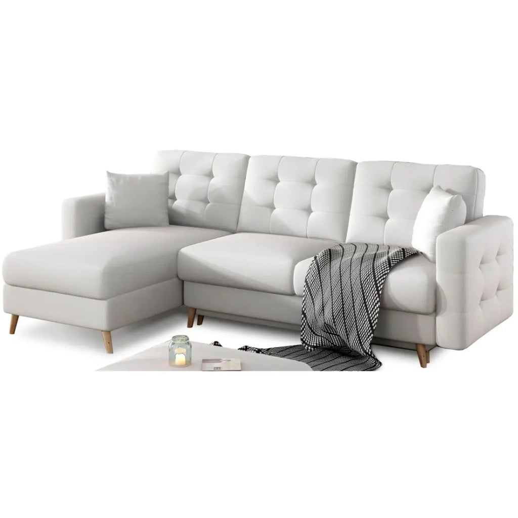 Divano angolare trasformabile HASGARD 3 posti bianco 248x162 cm - con vano contenitore e piedi in legno