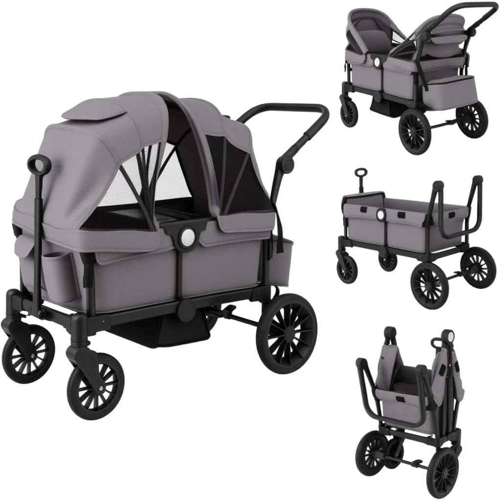 Passeggino Doppio Pieghevole, Passeggino Gemellare con Manico Regolabile, Tettuccio Rimovibile, Portabicchieri, per Bambini da 6+ Mesi, 104 x 57 x 107 cm (Grigio)