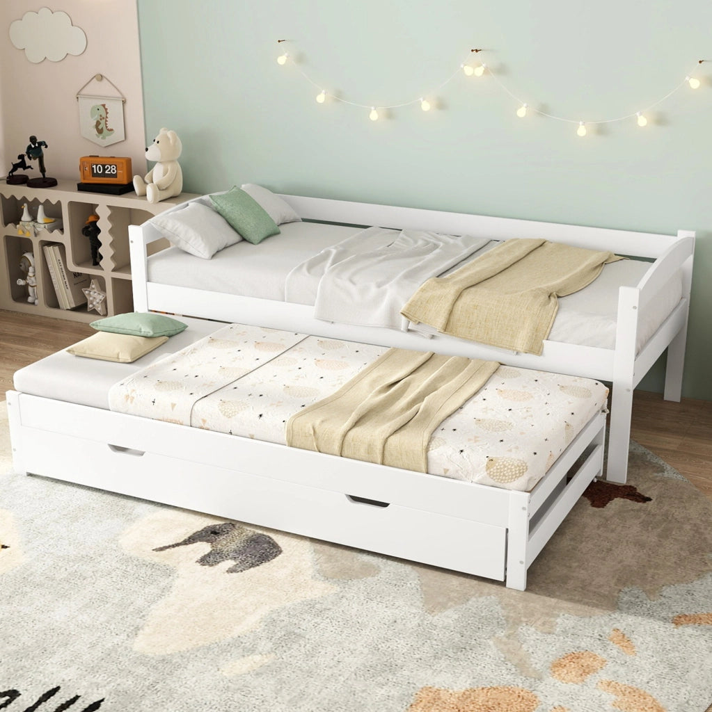 Letto multifunzione con letto estraibile, 2 cassetti e struttura in legno bianco