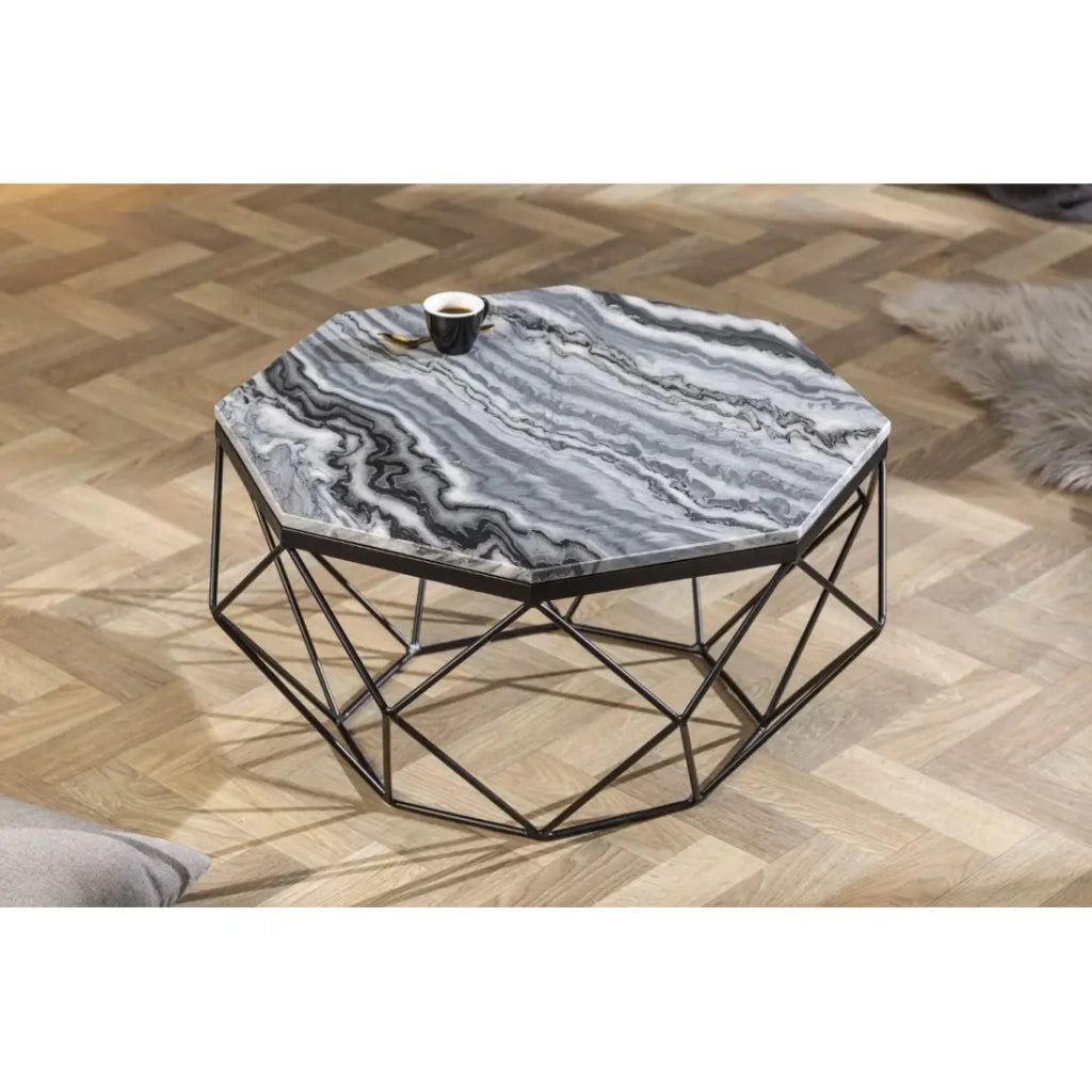 Tavolino basso NEXORA 70 cm in marmo grigio e metallo nero design geometrico