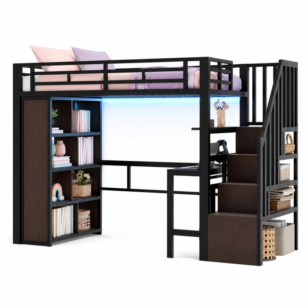 Letto a soppalco 90x200 cm con scrivania, ripiani e LED, struttura in metallo