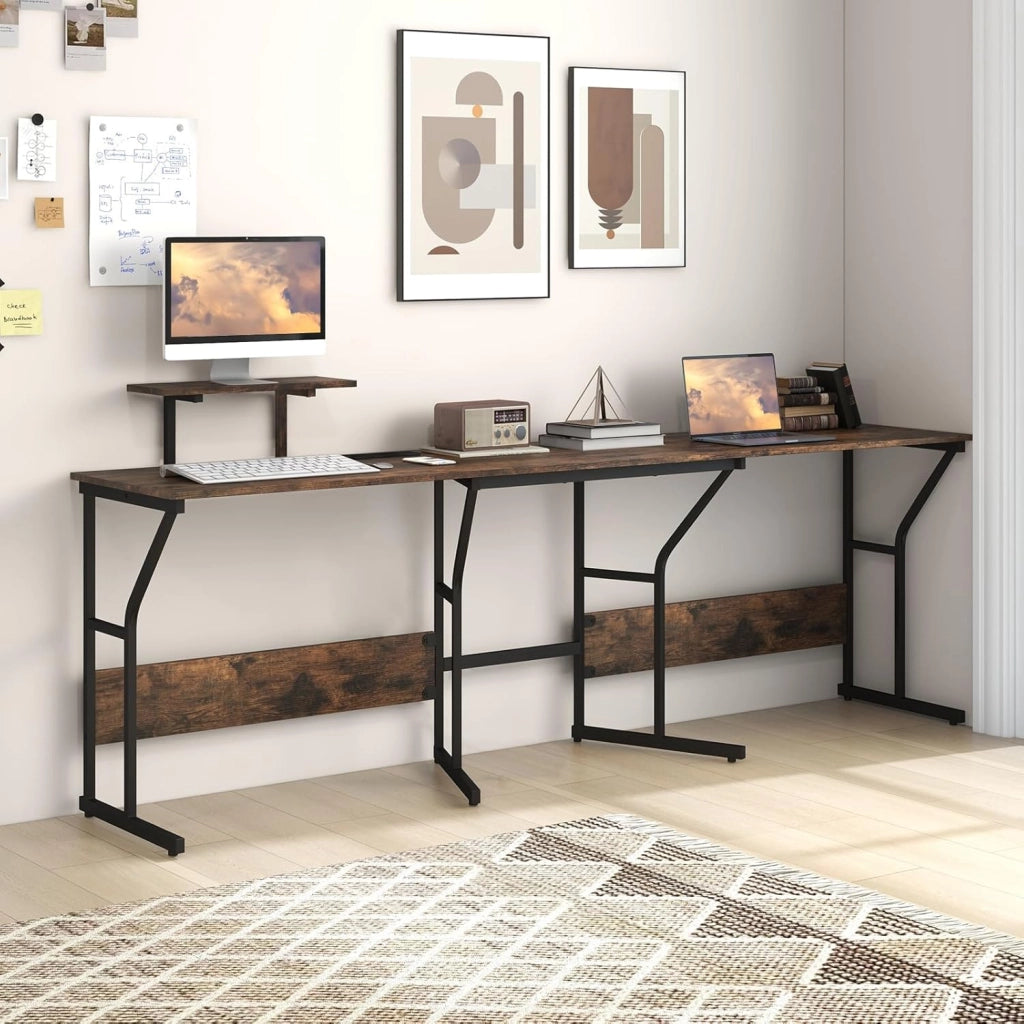 Scrivania ad Angolo a Forma di L con Presa Elettrica, Scrivania Angolare per Computer con Supporto Monitor Movibile, 225cm Postazione da Lavoro per 2 Persone per Lavoro e Gioco (Marrone)