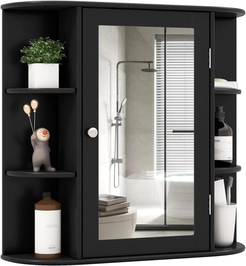 Armadietto Bagno a Parete, Mobiletto Pensile in Legno con Ante di Specchio, 6 Scomparti Laterali e 4 Ripiani di Stoccaggio, 3 Colori Disponibili, 65x17x64cm (Grigio)