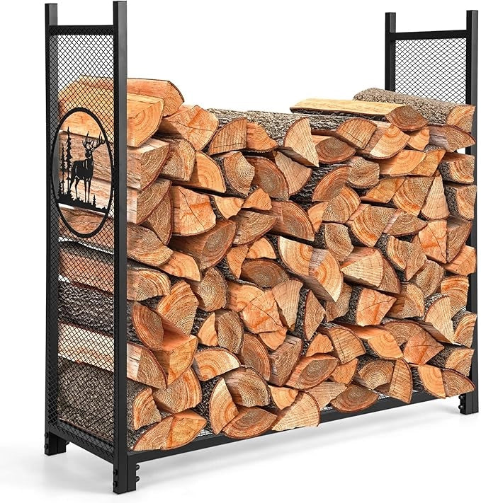 Porta Legna 121 x 38 x 117 CM, Scaffale per Legna Rosbuto con Lati a Rete, Motivi Cervo e Albero, Portalegna da Ardere per Interni ed Esterni, Nero