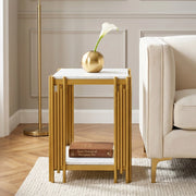 Tavolino con 2 ripiani in MDF effetto marmo e metallo; bianco e oro