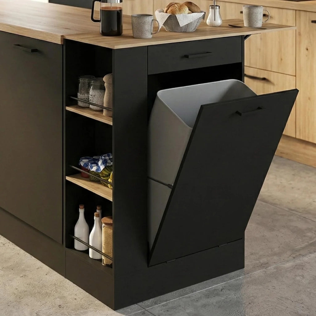 IDMarket - Credenza da cucina compatta TIBO 90 cm con cestino, ripiano ribaltabile, 1 cassetto e 3 ripiani laterali in legno e nero