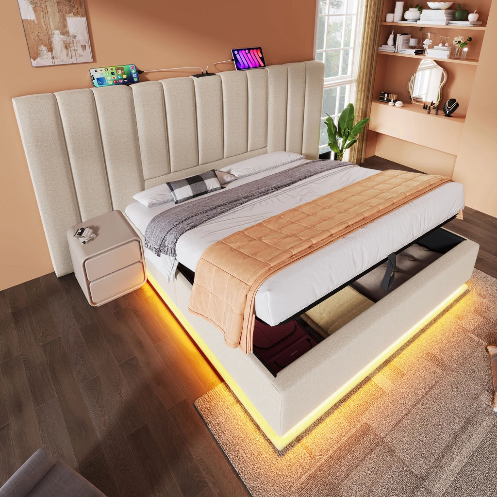 Letti contenitori 160x200 cm; LED 360° e ricarica USB-C; lino; beige (Senza materasso)
