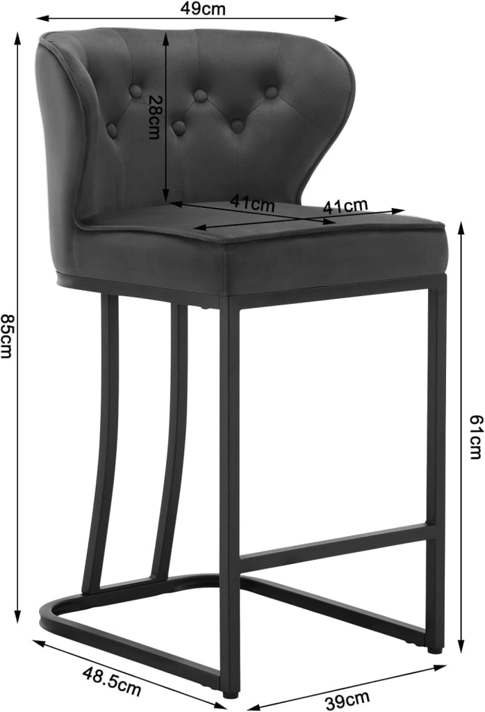 Set di 4 Sgabelli da Bar con Schienale, Sedie Sala da Pranzo con Poggiapiedi, Sedie Ergonomica per Cucina, Camera da Letto, Sgabelli in Velluto e Gambe in Metallo, Grigio Scuro, BH383dgr-4