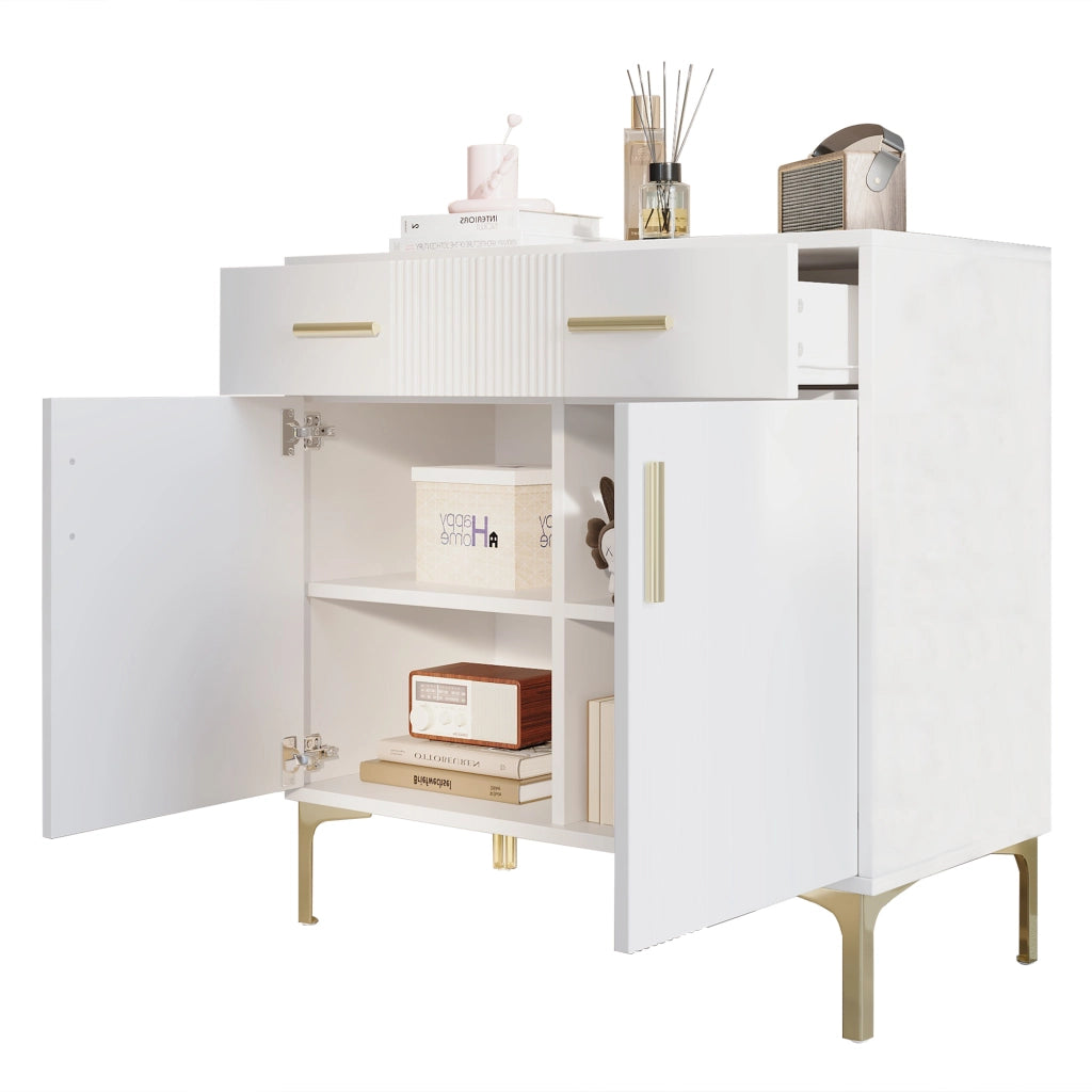 Credenza moderna bianca con 2 ante e 2 cassetti, struttura in MDF, sistema antiribaltamento, 80 x 35 x 79,5 cm