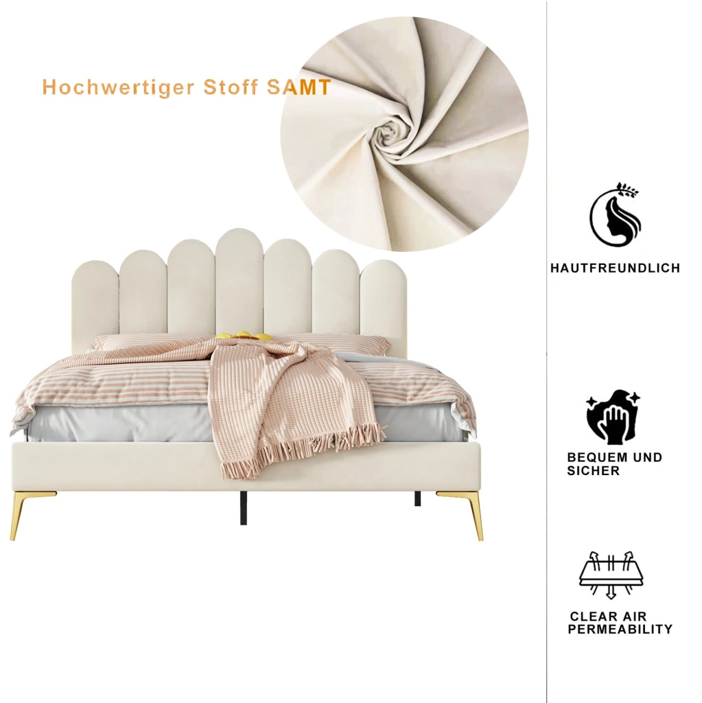 Letto matrimoniale imbottito 140 x 200 cm in velluto beige con testiera regolabile