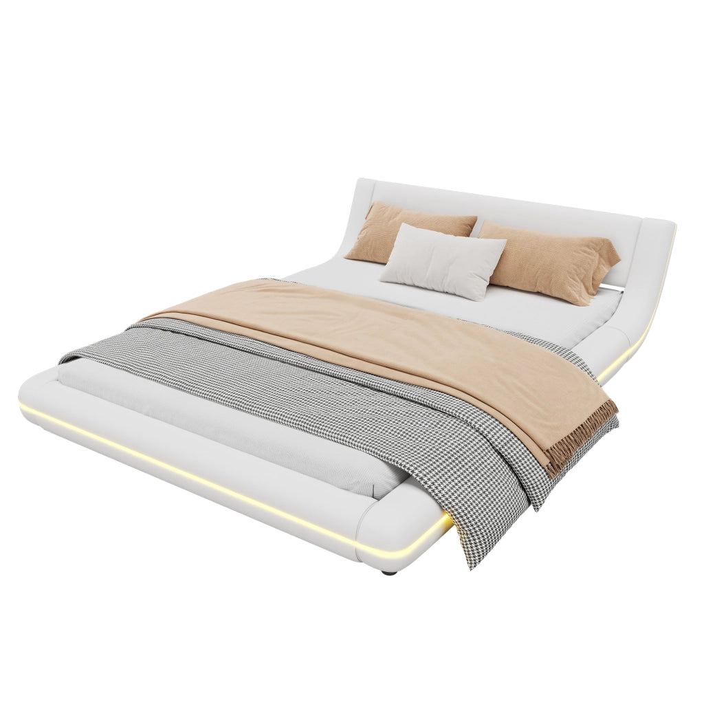 Letto basso 140x200 cm in PU bianco con LED ambienti, struttura in MDF