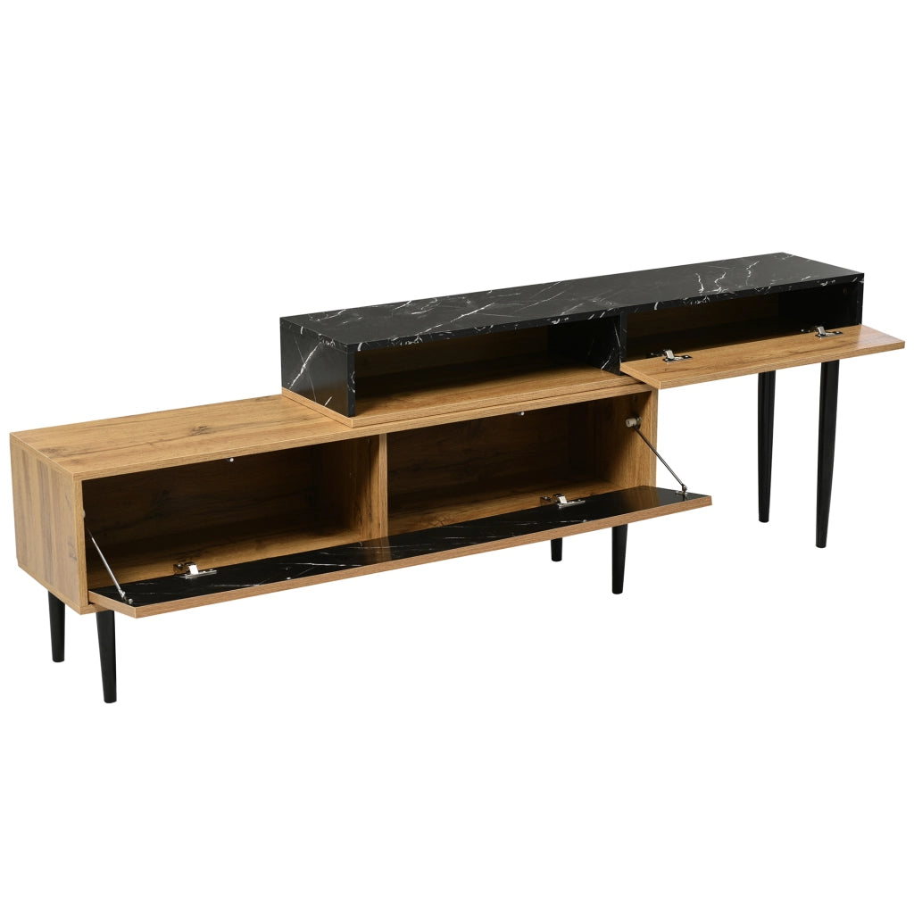 Mobile TV; design marmo e venatura legno; bordo in PVC; gambe in ferro; MDF; colore naturale