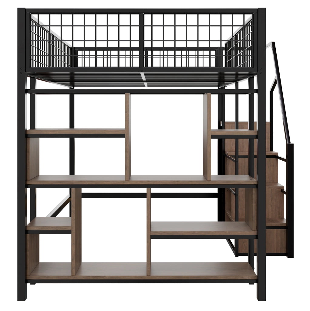 Letto a soppalco 140x200 cm nero metallo e legno con scala contenitore