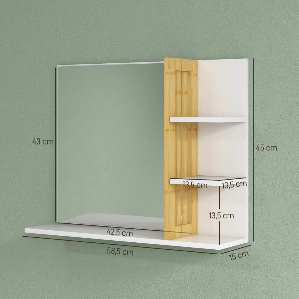 Specchio da Bagno con Ripiani Laterali e Inferiore in Bamb¨´ ¨C Zephmum ¨C Bianco 45x15x58.5 cm