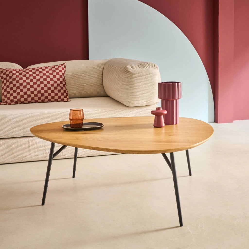 Tavolino ovale con gambe in metallo nero e effetto rovere, quercia