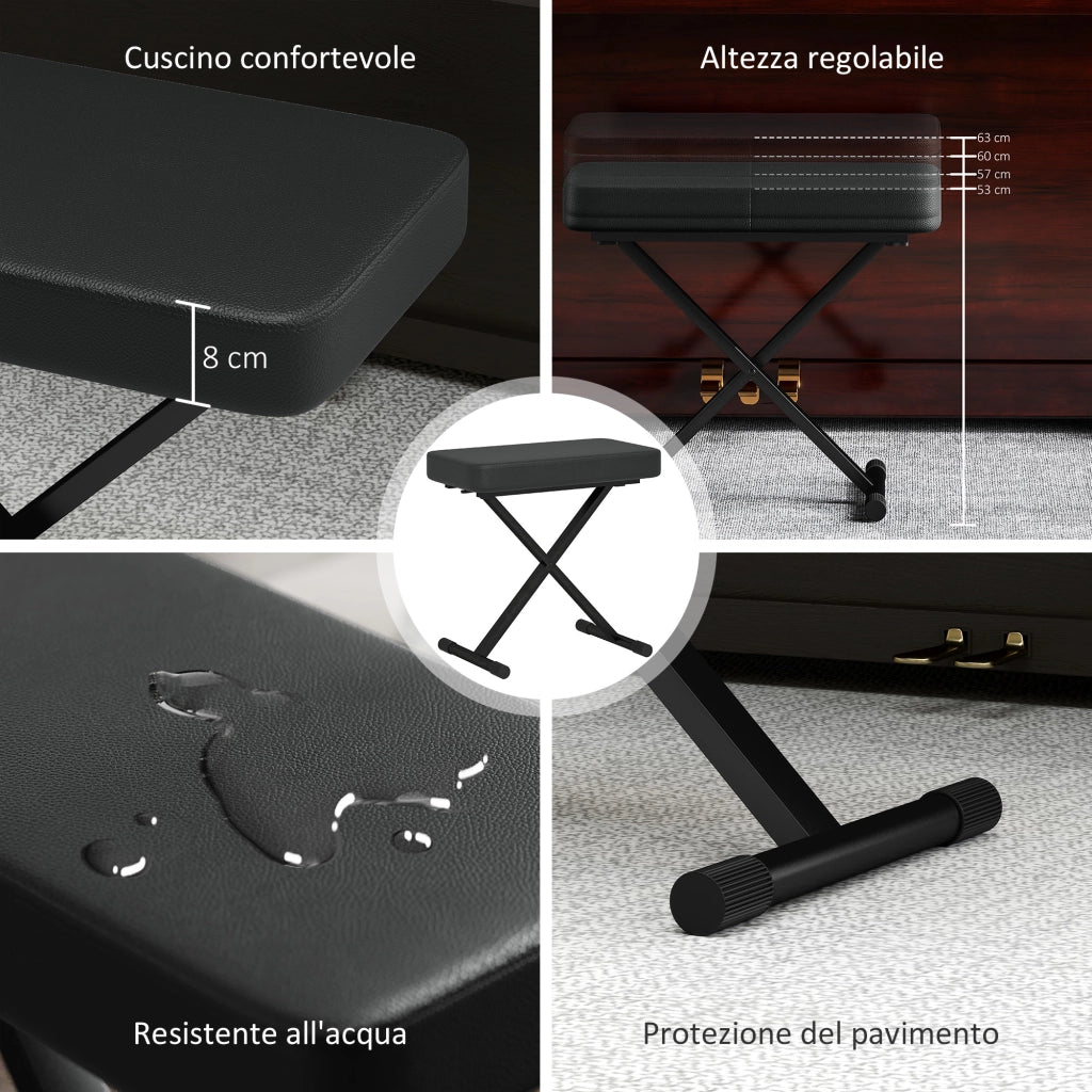 Sgabello per Pianoforte Pieghevole e Regolabile 60x32x53-63 cm in Pelle PU Nero