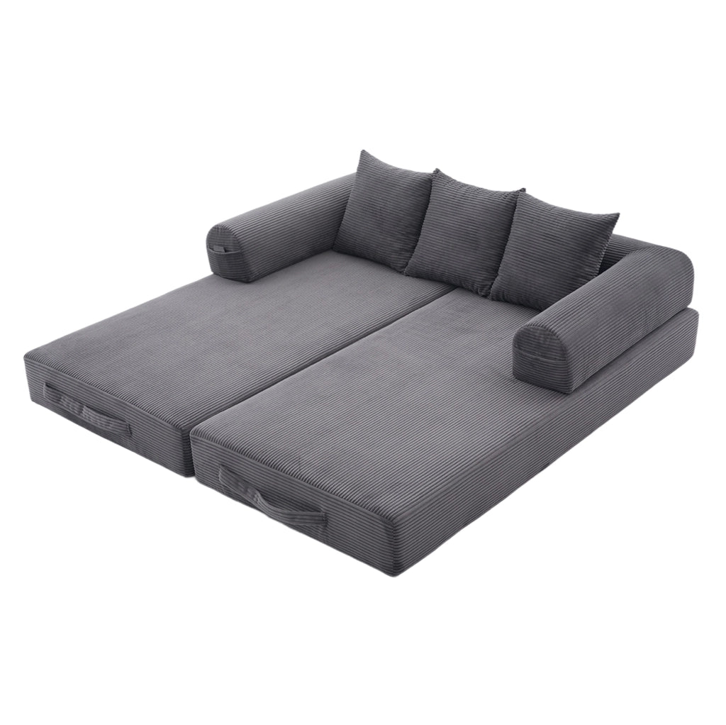 Divano modulare 200x94x67 cm in velluto a coste grigio scuro con 3 cuscini