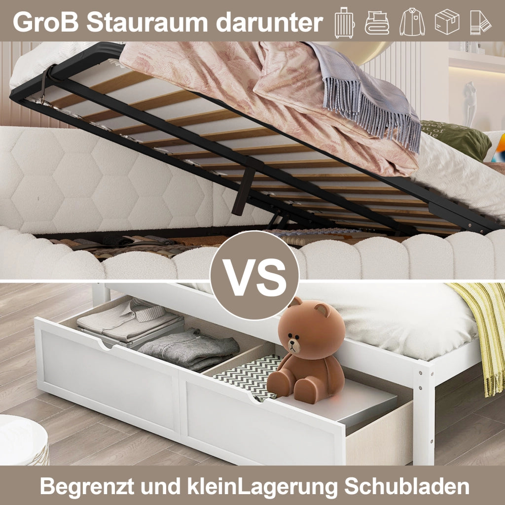 Letto matrimoniale 140×200 cm contenitore con LED; USB; Type-C e rete; senza materasso; bianco