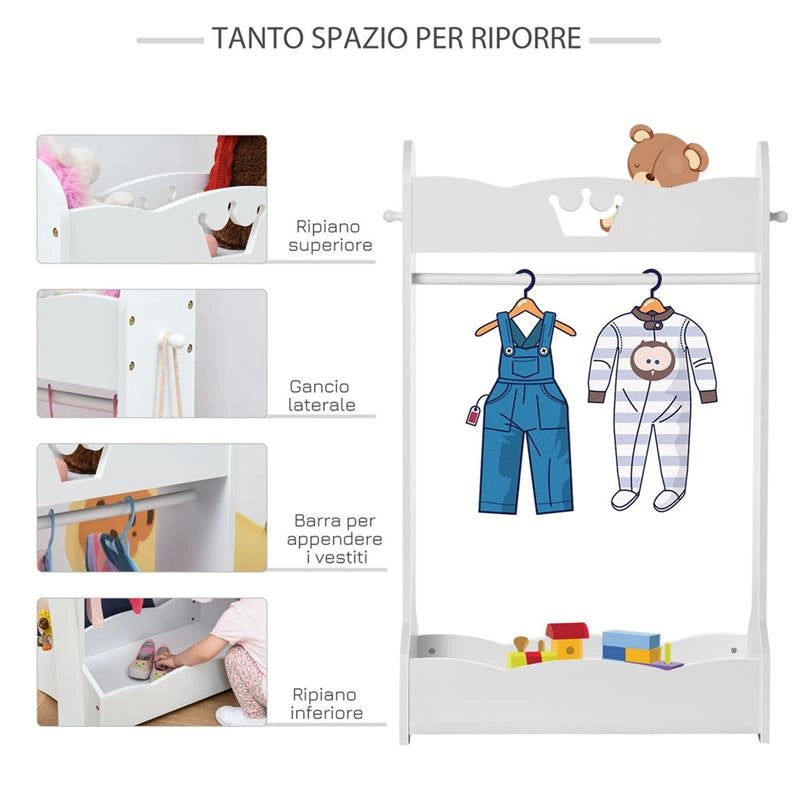 APPENDIABITI IN LEGNO PER BAMBINI CON RIPIANI E GANCI LATERALI BIANCO