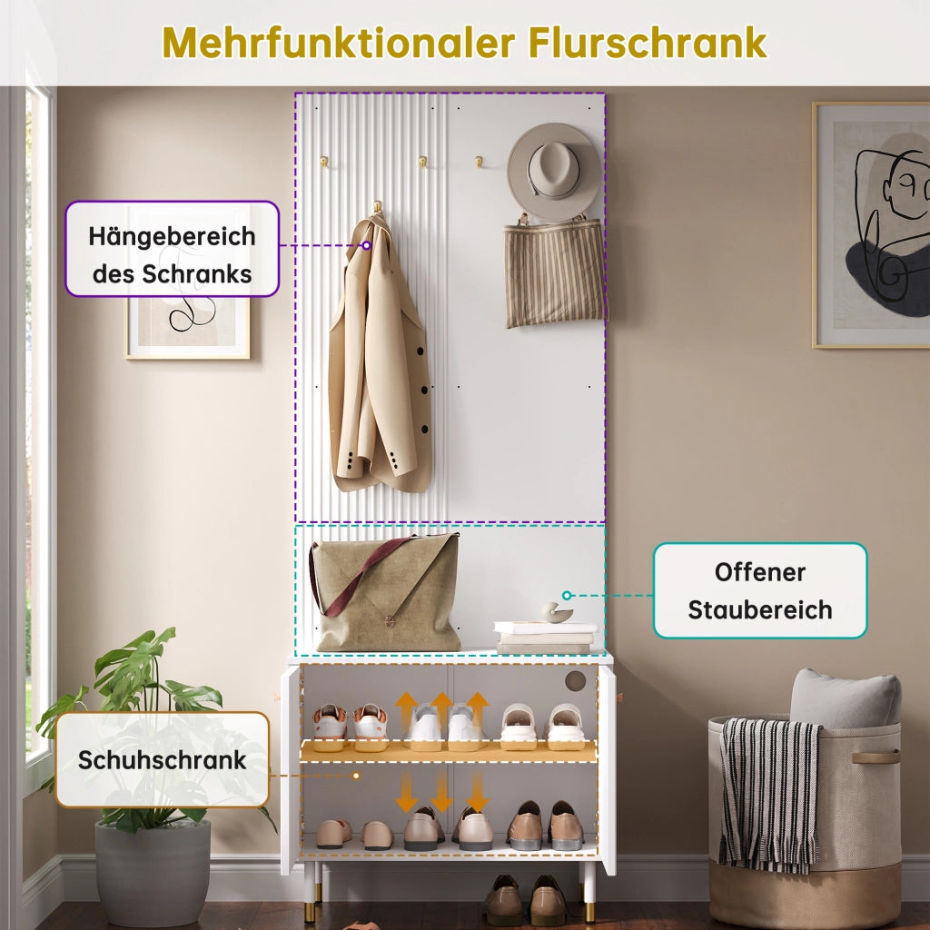 Mobile da ingresso con 6 ganci, scarpiera a 2 ante e ripiano regolabile, in PB e MDF, bianco, 70 × 35 × 180 cm