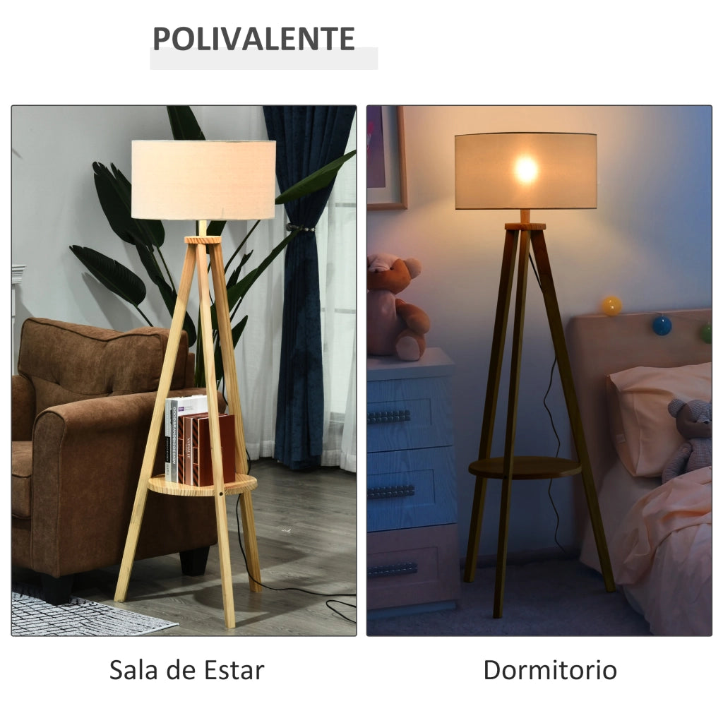Lampada da Terra Treppiede con Ripiano ¨C Xylo ¨C Legno Naturale Paralume Beige 50x50x154 cm