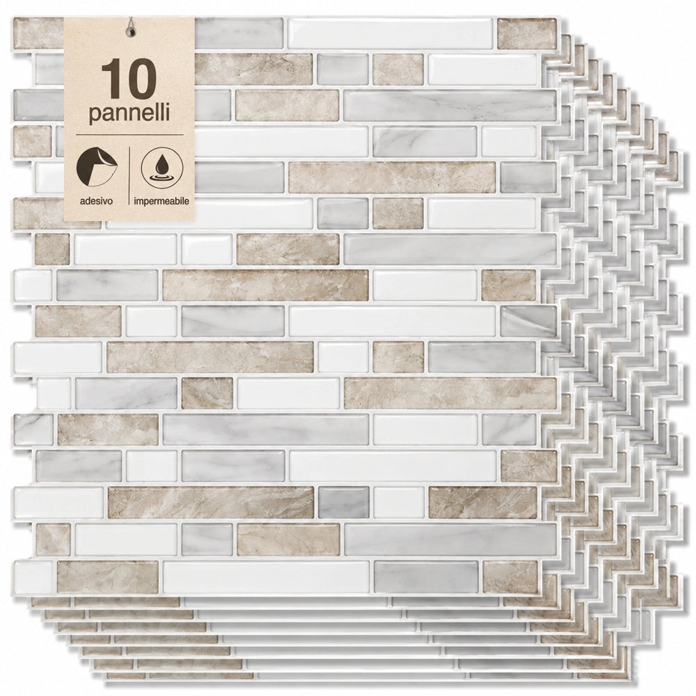 Set 10 Pannelli Adesivi Piastrelle da Parete 30,5 cm Decoro Mosaico Mattoncini in PVC Beige