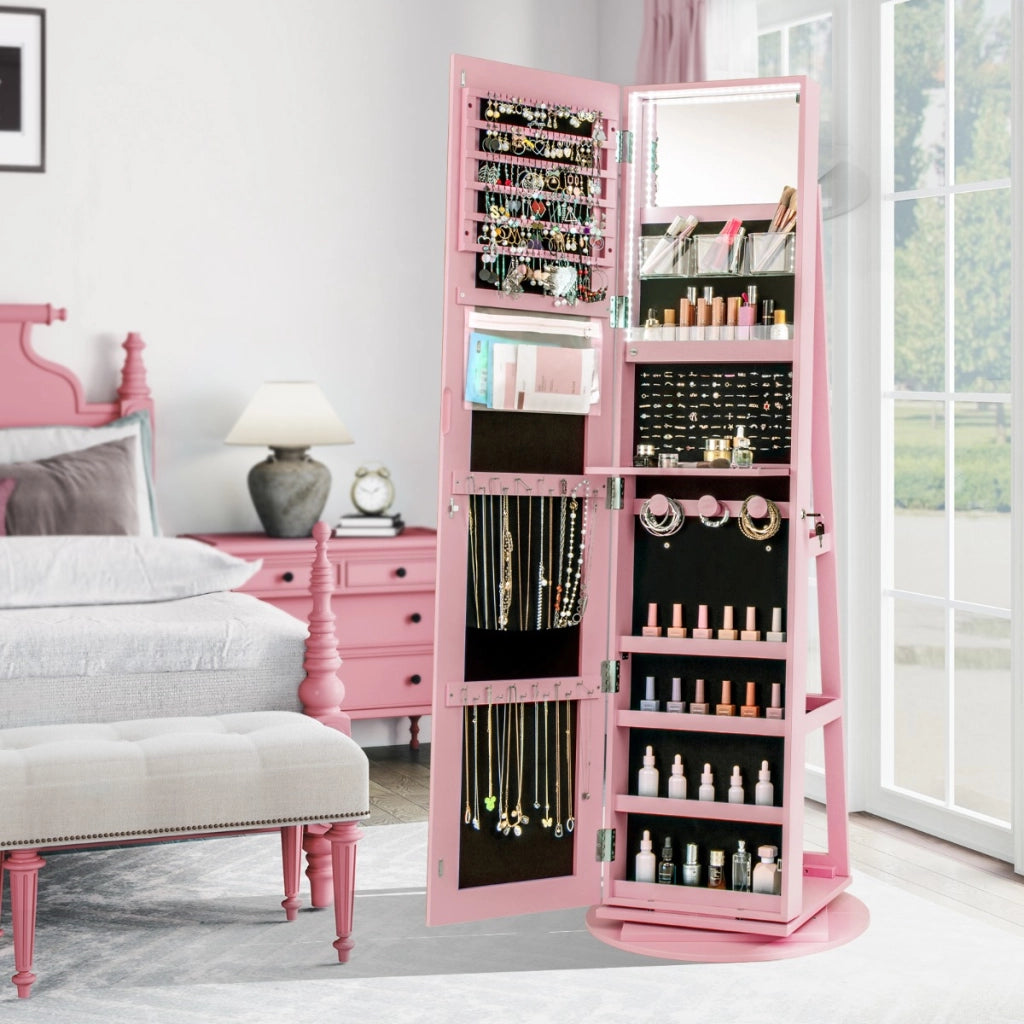 Armadio portagioielli girevole con specchio a figura intera luci LED, Organizer da terra di gioielli Rosa-Armadietti per gioielli