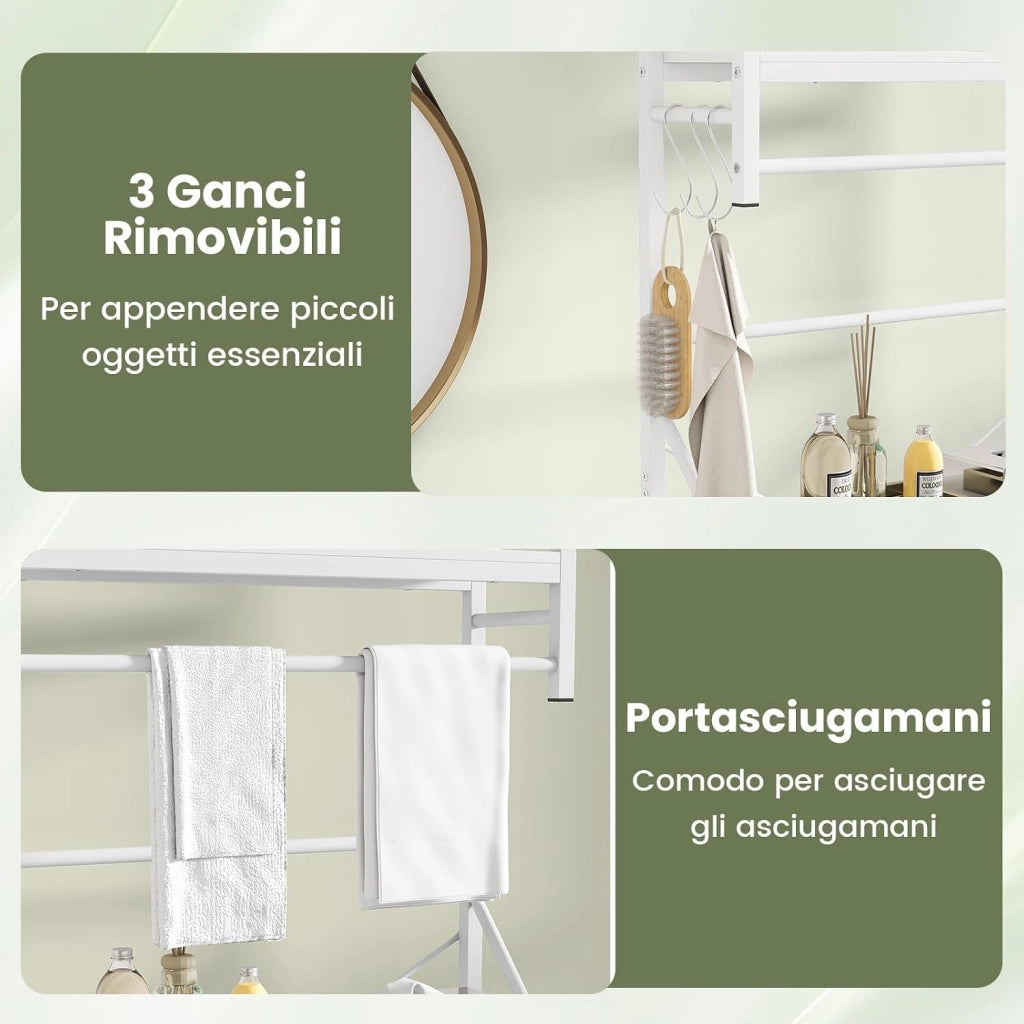 Scaffale per Sopra il WC, Mobile da Bagno con 3 Ripiani, Portasciugamani e Ganci e Barra Inferiore Regolabile, Mobiletto da Bagno Autoportante per Risparmio di Spazio, 64 x 24 x 162 cm