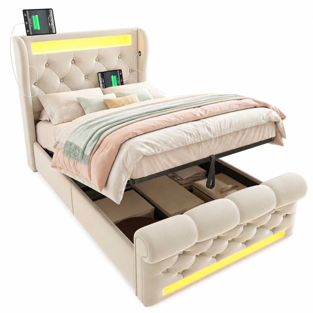 Letto imbottito 90x200 cm con LED, ricarica USB e contenitore idraulico