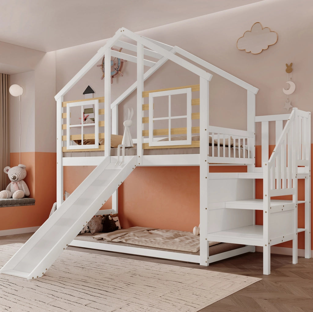 Letto a castello per bambini 90x200 cm con scivolo, bianco