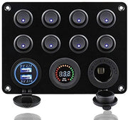 Pannello - 8 Interruttori - Porta USB Doppia - Voltmetro Digitale - Sicurezza - Adatto per Auto, Camion, Camioncino - Nero