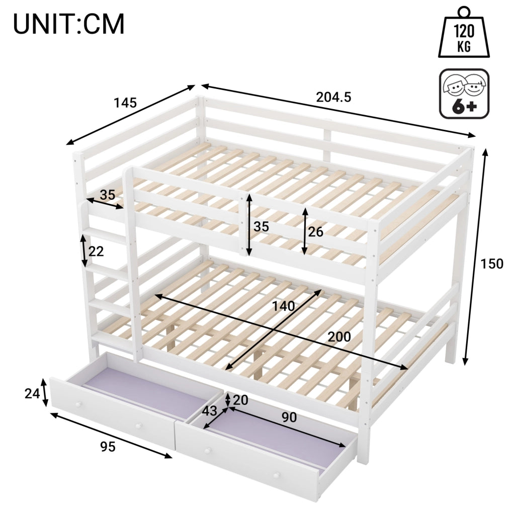 Etagenbett 140x200 cm con cassetti e spazio contenitore; bianco